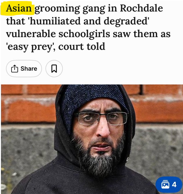 WallStreetMav's tweet photo. This is so dishonest by the British "news" media.

They use the term "Asian" to describe the problem. It is actually a "Muslim" issue. 

These are not Chinese, Korean or Japanese immigrants raping English white girls. They are Pakistani, Afghan and Middle East MUSLIMS. https://t.co/axLZS4sIZ8
