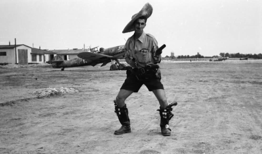 GHarward's tweet image. A Romanian airman mocking his American "cowboy" enemy in WW2.