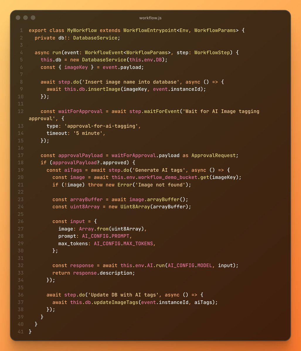 CloudflareDev's tweet image. Build human-in-the-loop workflows with Cloudflare Workflows `waitForEvent`
Check out docs + full code example below ⬇️ 
PS: you can use Workflows in Python now too (!!)