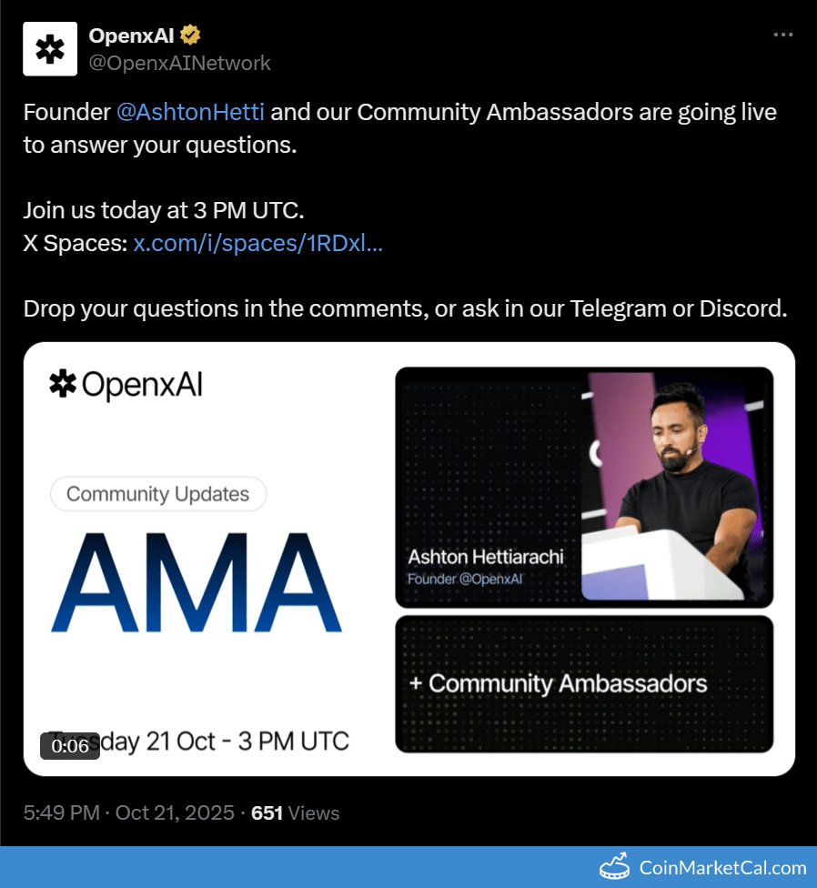 🆕 New OpenxAI $OPENX event! 
 
21 Oct 2025 
AMA  
 
Source: coinmarketcal.com/en/event/ama-2…