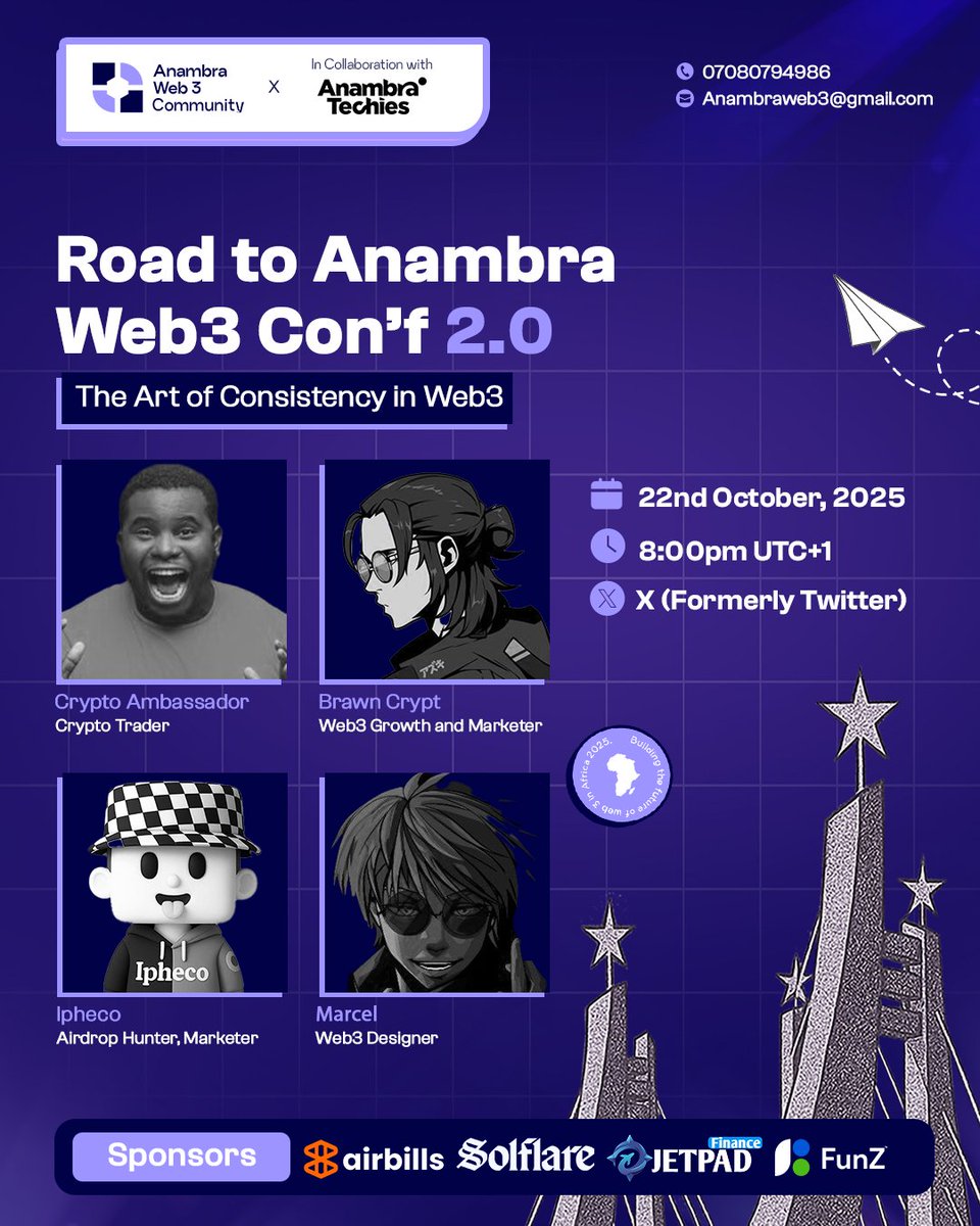 anambraweb3conf's tweet image. 🎙️ Road to Anambra web3 Conference2.0 Ep4
“The Art of Consistency in Web3”
Join us as we dive into a conversation on what it truly takes to stay relevant, build credibility, and grow in the fast-moving decentralized world.
With our Amazing speakers, @Marcel__vx, @iam_ipheco,…