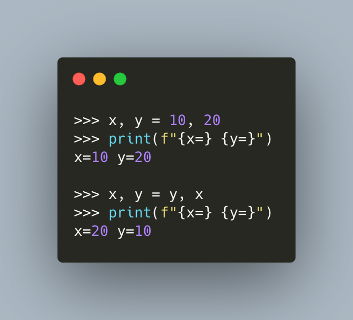 driscollis's tweet image. How to swap two variables&apos; values in #Python without a temp variable! 🐍🔥