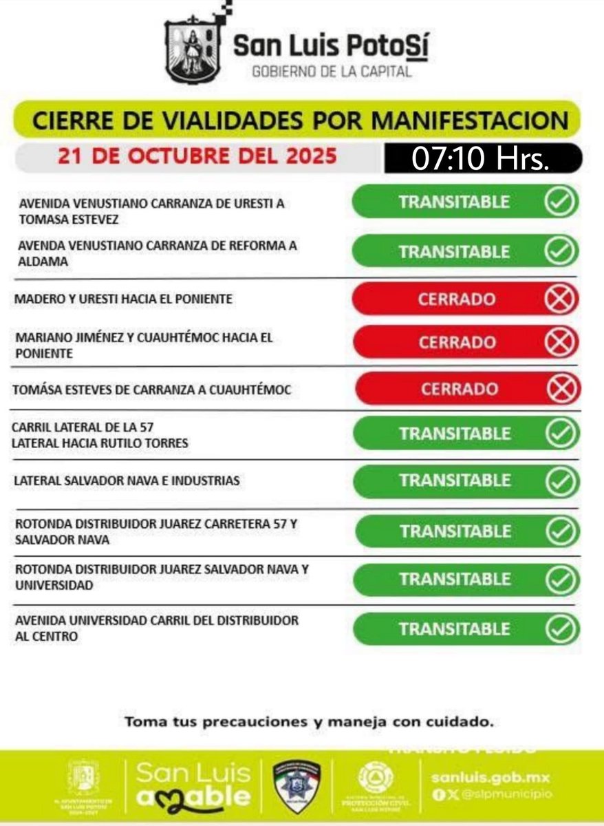 SSPCSLP's tweet image. ⚪️🔵 #ReporteVial 🚨#VialidadSLP

Buenos dias 👮🏽‍♀️

Esta mañana de martes prevalece cierre vial en las avenidas:

⛔️Cuauhtémoc en el tramo de Mariano Jiménez a Tomasa Esteves.

⛔️Tomása Esteves de Carranza a Cuauhtémoc 

⛔️Madero y Uresti 

⛔️ Por presencia de estudiantes en…