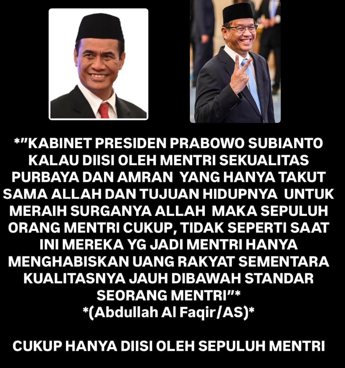 Cukup 10 menteri, tanpa wakil