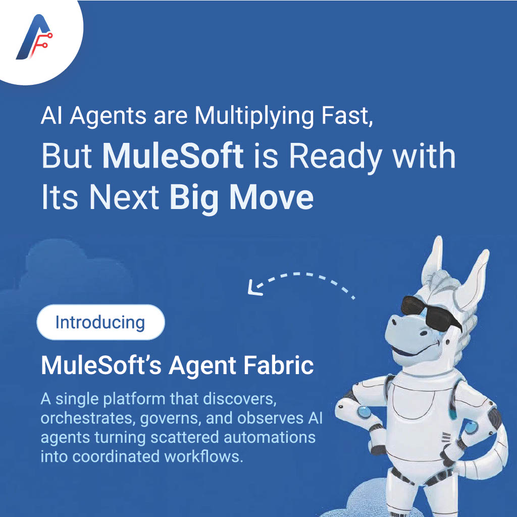 AccelirateInc's tweet image. Too many AI agents to manage? Keeping track of them all can be tough. 

@MuleSoft  #AgentFabric brings your agents together under a single control plane, automates the right tasks, and gives you a real-time view with its four powerful pillars. 

#API #AIOrchestration