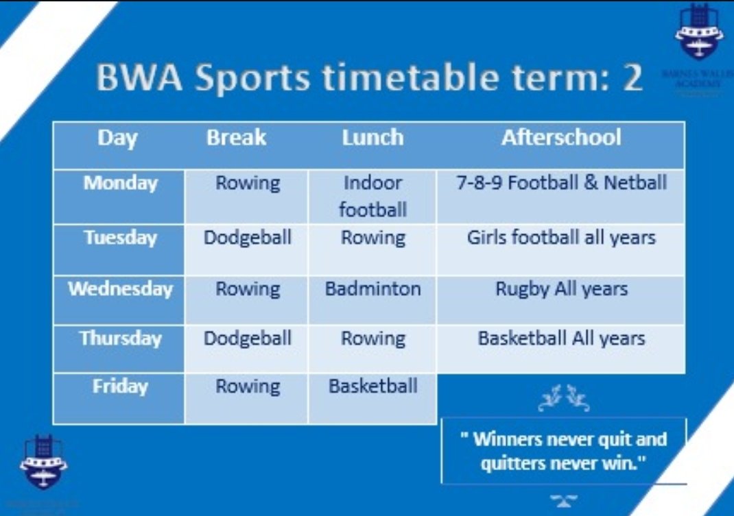 BWA Sports timetable term 2  
@barneswallispe @barneswallisacademy  #smallschool #bigheart #strongcommunity #football #basketball #rowing #netball #dodgeball #rugby #Tattershall #Lincolnshire <a href="/DRETsport/">DRET Sport</a> <a href="/DRETnews/">David Ross Education Trust</a>