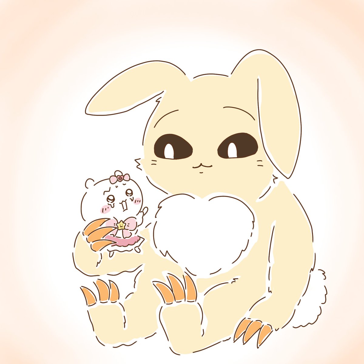 まじかるちいかわ見たら
描きたくなるよね！キメラ化うさぎ🐇
ちょっとネネちゃんのうさぎ感

これはグッズ化待ったナシ💕かわいい
私の妄想した怪異化うさぎはぽっちゃりさんだったな、、、