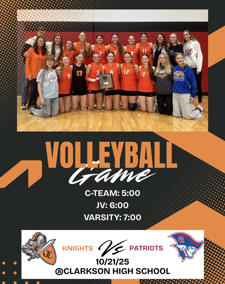 OC_Knights's tweet photo. OC VB wraps up the regular season tonight IN CLARKSON with a rematch of the EHC Championship game vs Clarkson/Leigh!
C team starts at 5pm; JV, Var to follow.
Streaming is on Clarkson/Leigh FanHudl.
Good luck Knights!
#GBO #neonknight https://t.co/WPTxMCIlJA