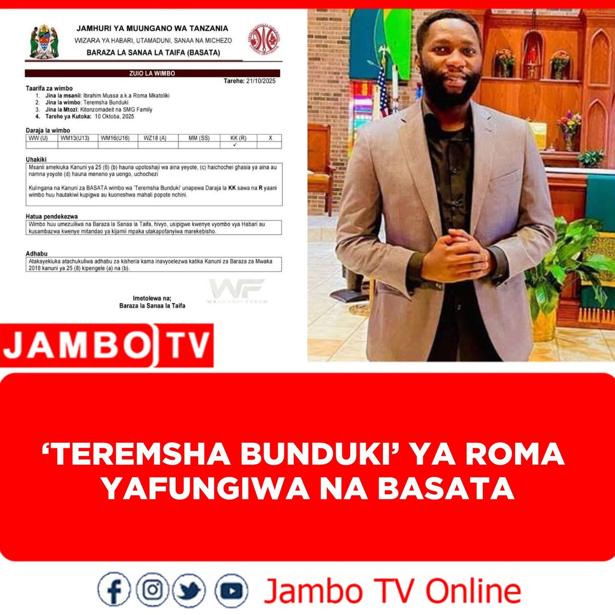 Jambotv_'s tweet image. HABARI:

Baraza la Sanaa la Taifa (BASATA) limeuzuia rasmi wimbo wa msanii Ibrahim Mussa, maarufu kama Roma Mkatoliki, unaoitwa “Teremsha Bunduki”, hadi utakapofanyiwa marekebisho.

Kwa mujibu wa taarifa rasmi ya BASATA, wimbo huo ulitolewa tarehe 10 Oktoba 2025 chini ya lebo za…