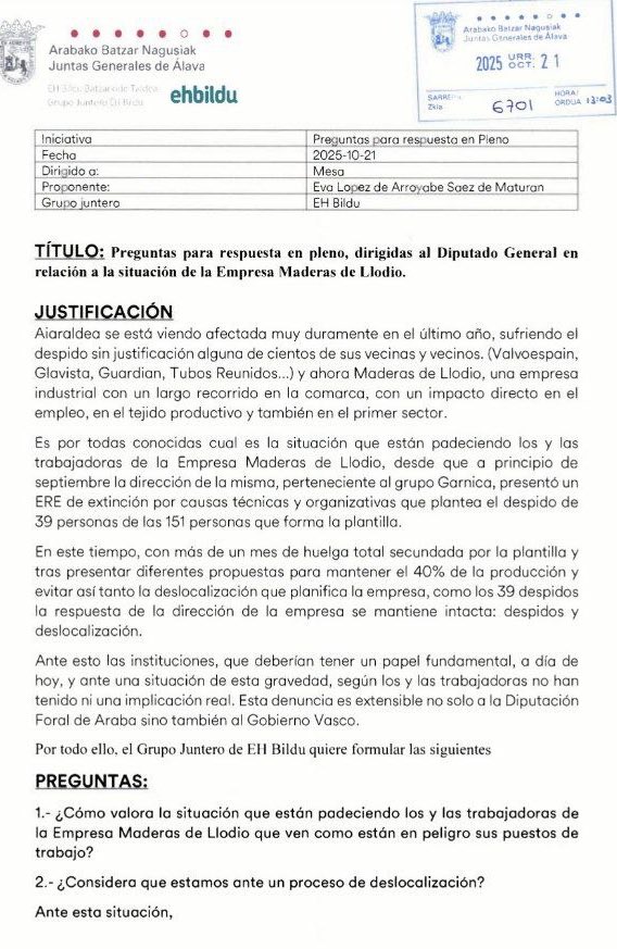 Berri gogorrak heltzen zaizkigu Aiaraldeatik.

Hoy han empezado a comunicar los despidos de los trabajadores/as de Maderas de Llodio.

No es de recibo ver como una comarca se apaga por la desidia institucional. En el proximo pleno de control preguntaremos por esto.👇👇