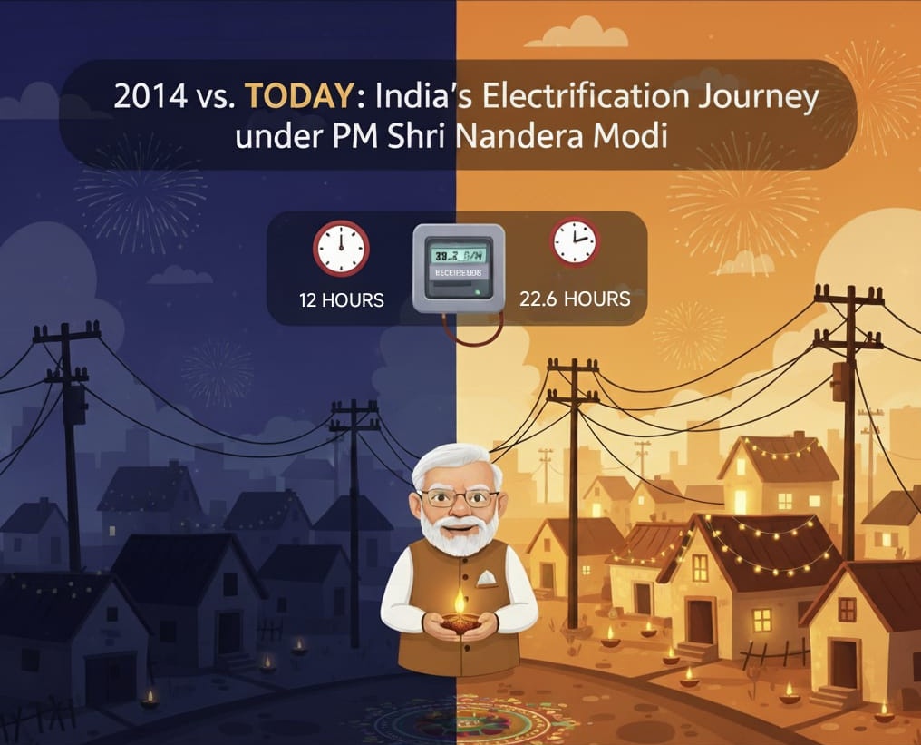 On this auspicious occasion of #Diwali, let’s celebrate how India came out of decades of darkness.

In 2014, 1 in 5 rural homes had no electricity, with supply just 12 hours a day. Today, under PM Shri <a href="/narendramodi/">Narendra Modi</a> ji, 99.2% of households are electrified, with 22.6 hours of