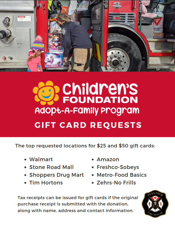 Puslinch Fire and Rescue is hosting their annual Fill Our Truck campaign for the Children's Foundation of Guelph &amp; Wellington - Adopt a Family program.

Drop in, 7404 Wellington Rd 34, November 15th, between 9 am and 2 pm. or donate by visiting
childrensfoundation.org/what-we-do/ado…