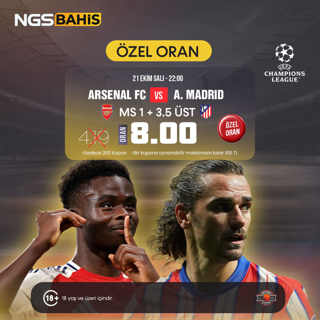 🔥 ÖZEL ORAN 🔥
NGSBAHİS Giriş 🔗 t2m.io/NGTW

Arsenal 🆚 Atletico Madrid | Şampiyonlar Ligi
⚽️ MS 1 + 3.5 Üst 👉 8.00 Oran!
⭐️ Muhteşem bonuslar ve yüksek oran imkanıyla bu fırsatı değerlendir!

#UCL #Arsenal #AtleticoMadrid