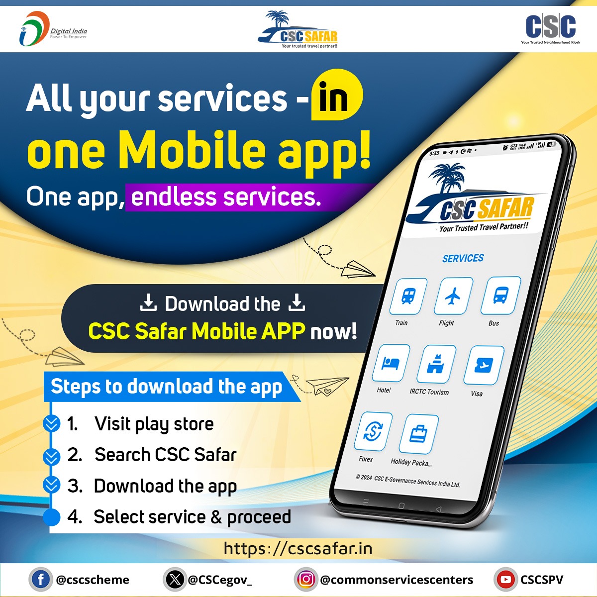 All your services- in one Mobile app!

Download CSC Safar Mobile APP now!

<a href="/CSCegov_/">CSCeGov</a>