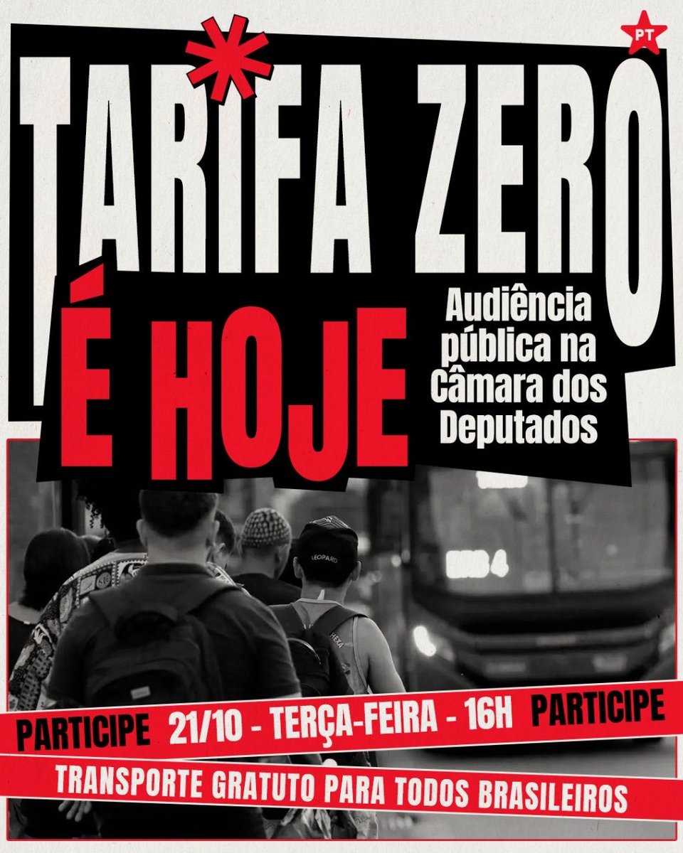 ptbrasil's tweet photo. É HOJE!

PT NA DEFESA DA TARIFA ZERO!

Nesta terça-feira (21), às 16h, a Câmara dos Deputados realizará uma audiência pública da Frente Parlamentar em Defesa da Tarifa Zero, transporte gratuito para o povo brasileiro.

O deputado Jilmar Tatto (PT-SP) é o coordenador da Frente. A Tarifa Zero é uma das principais bandeiras do Partido dos Trabalhadores. 🚩 🚌