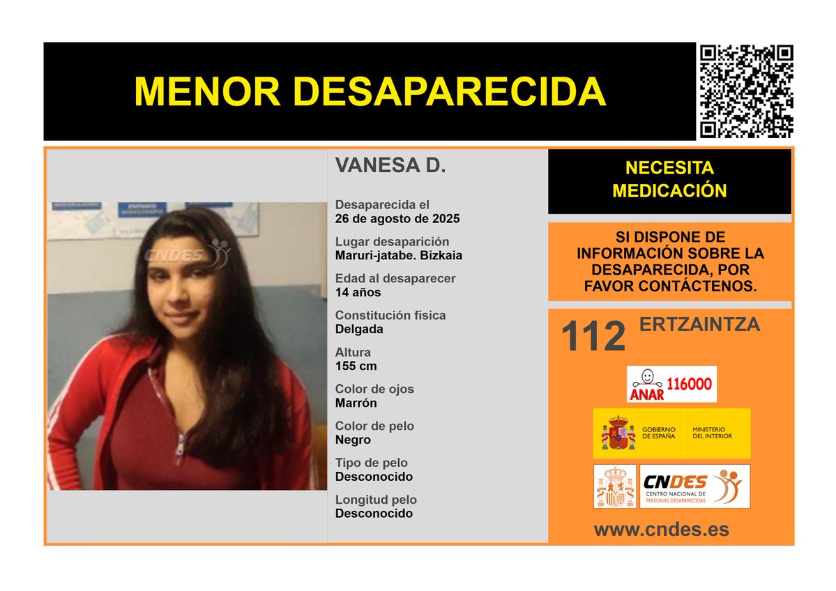 CNDES (@cndes_oficial) on Twitter photo ⚠️🚺MENOR DESAPARECIDA🚺⚠️
❌Necesita Medicación❌
Edad 14 años
🧐Última localización #MaruriJatabeVizcaya.
Ayúdanos➡️comparte 📲
Si crees haberla visto 📩cndes-web.ses.mir.es/publico/Desapa…
📞112 <a href="/ertzaintzaEJGV/">Ertzaintza</a> 
☎️116000 ANAR
<a href="/cndes_oficial/">CNDES</a> #menor #desaparecida #Vizcaya ⚠️🚺MENOR DESAPARECIDA🚺⚠️
❌Necesita Medicación❌
Edad 14 años
🧐Última localización #MaruriJatabeVizcaya.
Ayúdanos➡️comparte 📲
Si crees haberla visto 📩cndes-web.ses.mir.es/publico/Desapa…
📞112 <a href="/ertzaintzaEJGV/">Ertzaintza</a> 
☎️116000 ANAR
<a href="/cndes_oficial/">CNDES</a> #menor #desaparecida #Vizcaya
