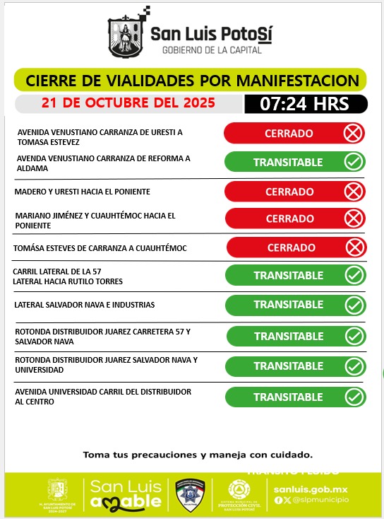 SSPCSLP's tweet image. ⚪️🔵 #ReporteVial 🚨#VialidadSLP

⚠️ Actualización 

Se realiza cierre vial en avenida Venustiano Carranza en el tramo de Uresti a Tomasa Esteves por presencia de estudiantes universitarios en protesta.

🚓🚨Policía Vial mantiene dispositivo en el lugar, atiende indicaciones.