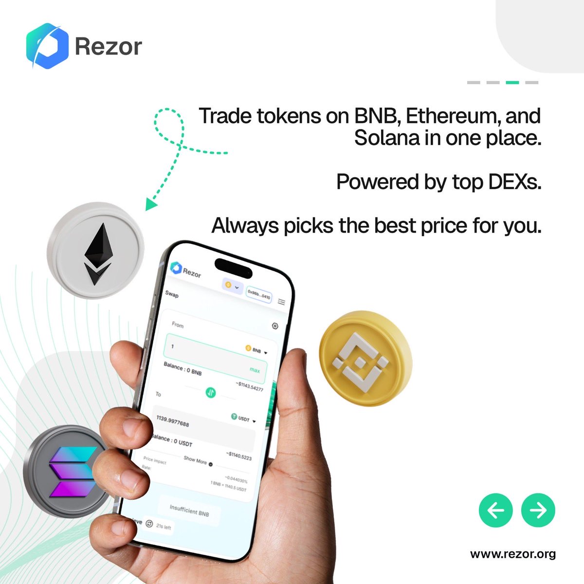 Check out rezorswap.com today and fall in love with it's polished look and feel and best prices! ❤️🤓🔥👏🎉🏆

 Rezorswap  finds the best prices available! 🤓🔥

#Rezor #RZR #Crypto #BNB #Ethereum #Solana