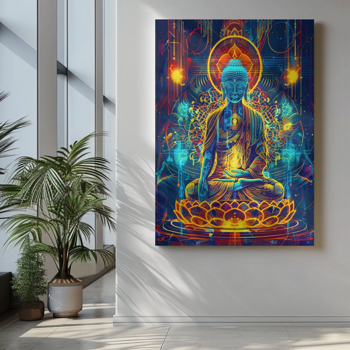 Buddha in electric blue and gold, sitting on a glowing lotus with a circuit mandala backdrop. This print's in the Etsy shop for people who want spiritual decor that doesn't whisper—it radiates.
#EtsyGifts #VibrantBuddha #SpiritualDecor 
cybermonkstudio.etsy.com/listing/432039…