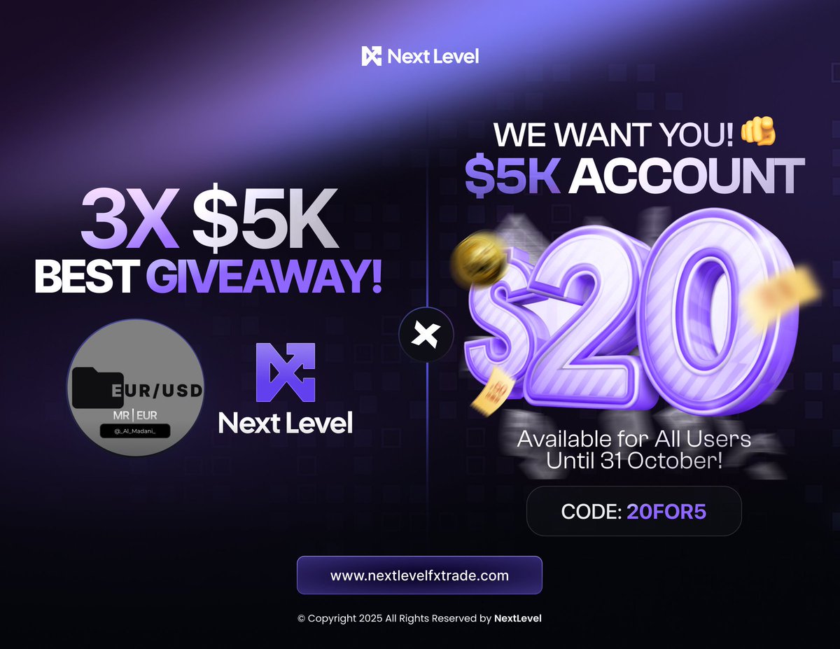 🎁$15k Account Giveaway🎁

3 x $5k Next Level Funded Giveaway Accounts 🎉 

⚠️N/B. You Must Complete all Tasks To Qualify.

🟣Follow 
<a href="/_Al_Madani_/">MR | EUR</a>
<a href="/next_level_prop/">Next Level FX Prop</a>
<a href="/DraxonLT/">Draxon</a> 
<a href="/Nextlevel_Sup/">NextLevelFX Global support</a>

Like 👍 &amp; Retweet 🔄

Tag 3 Traders 

🟣Sign up - checkout.nextlevelfxtrade.com/?ref=Almadani

🟣20% Discount