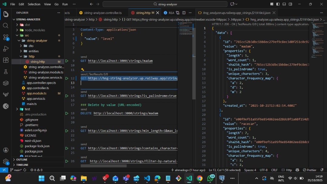 ahmadogo11's tweet image. I built a service analyzes any string you send — checks palindrome status, word count, unique characters, SHA-256 hash, and even supports natural language filters! 🧠🔍
Deployed Live on Render
Next stop ➡️ Stage 2 🚀
#BackendWizards #NestJS #PostgreSQL #HNGi13Internship