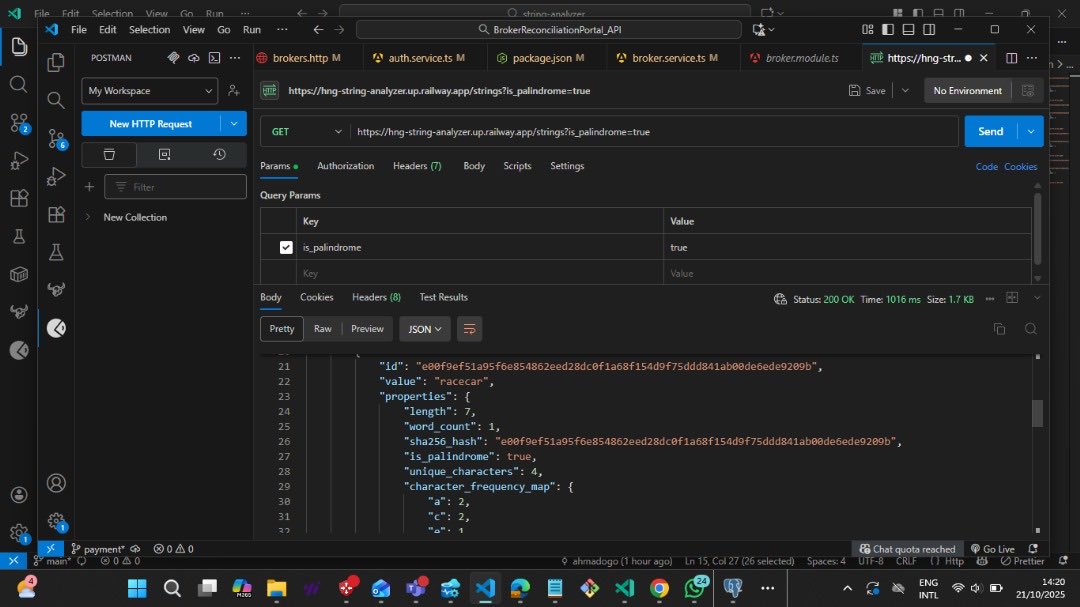 ahmadogo11's tweet image. I built a service analyzes any string you send — checks palindrome status, word count, unique characters, SHA-256 hash, and even supports natural language filters! 🧠🔍
Deployed Live on Render
Next stop ➡️ Stage 2 🚀
#BackendWizards #NestJS #PostgreSQL #HNGi13Internship