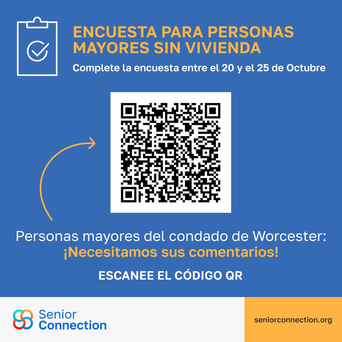 Completa nuestra breve encuesta entre el 20 y el 25 de octubre para ayudar a abordar el creciente problema de la falta de vivienda en la zona central de Massachusetts. Escanea el código QR a continuación para compartir tu experiencia y ayudar a crear soluciones eficaces.