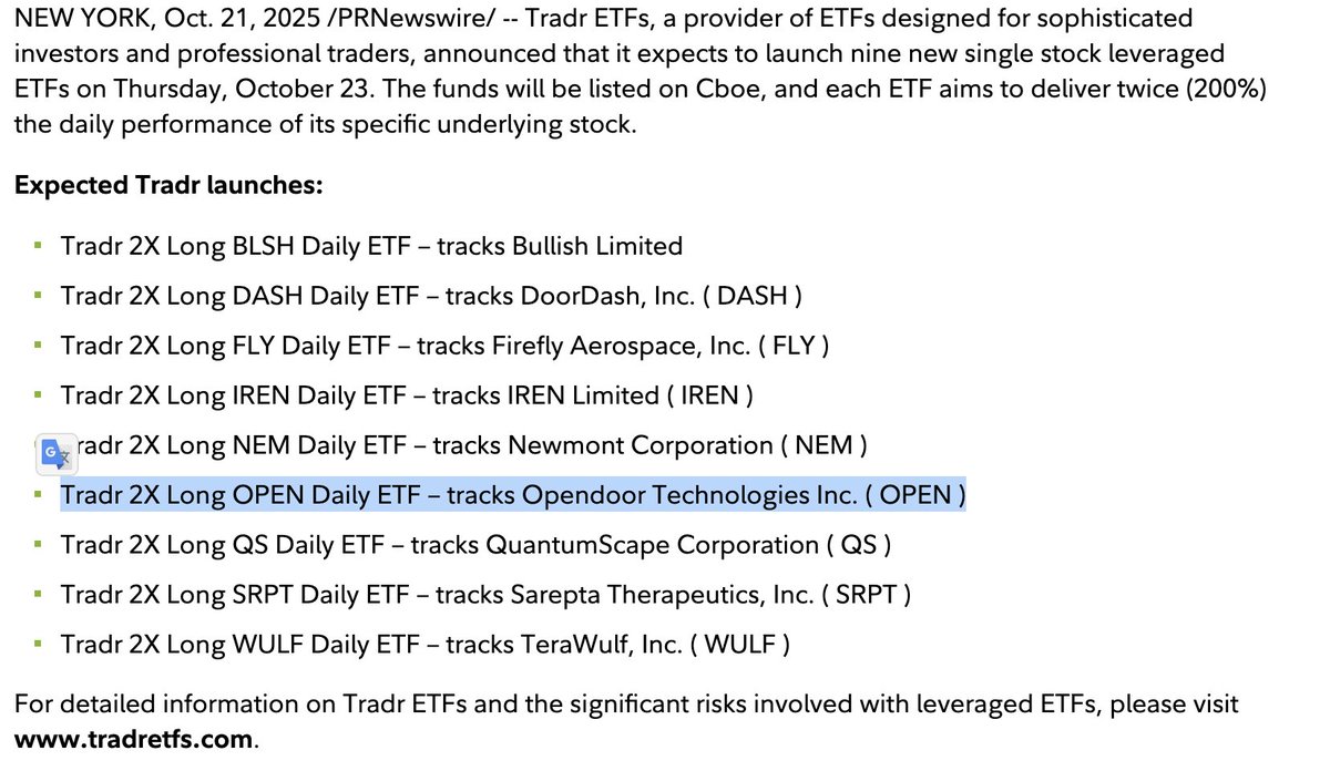 BasedInvesting's tweet image. 🚨 not sure if anyone mentioned this yet but @TradrETFs seems to be launching a 2x Long $OPEN Daily ETF soon! 👀 🐂🐂