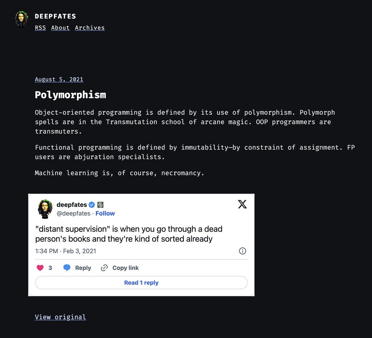 web weaver (@deepfates) on Twitter photo I've been importing a bunch of my old tweets and threads to my website. Added like 50 posts last night. It's fun. Some real bangers I had forgotten, like this one I've been importing a bunch of my old tweets and threads to my website. Added like 50 posts last night. It's fun. Some real bangers I had forgotten, like this one