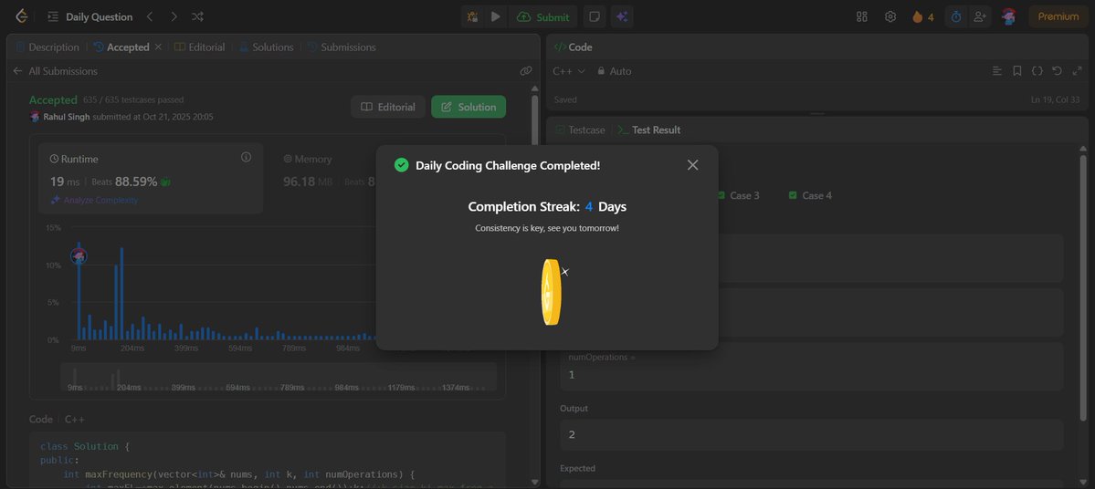 RahulSingh30070's tweet image. 📌 Day 33 Progress
🌳 Binary Search Tree — Basics + solved LC #450 (Delete Node in BST)
🌲 Solved Tree Qs — LC #100, #110, #543, #101, #103, #94 + GFG Transform to Sum Tree
🧩 POTD — LC #3346
🎯 Halfway through Step-3 Lec-1☑️ #TUFWinterArc
@takeUforward_
#100DaysOfCode #LeetCode