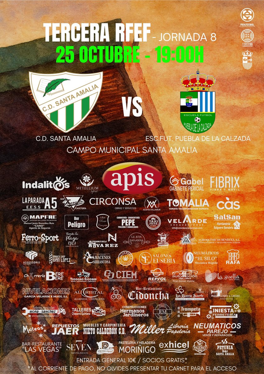 Volvemos al Municipal. El sábado 25 a las 19:00h nos enfrentamos al <a href="/PueblaEF/">E.F. Puebla de la Calzada</a> en la Octava jornada de liga

Entrada general 10€, Socios gratis

Ven a pasar la tarde con nosotros, tú sumas uno más 

VAMOS VERDES!!!!