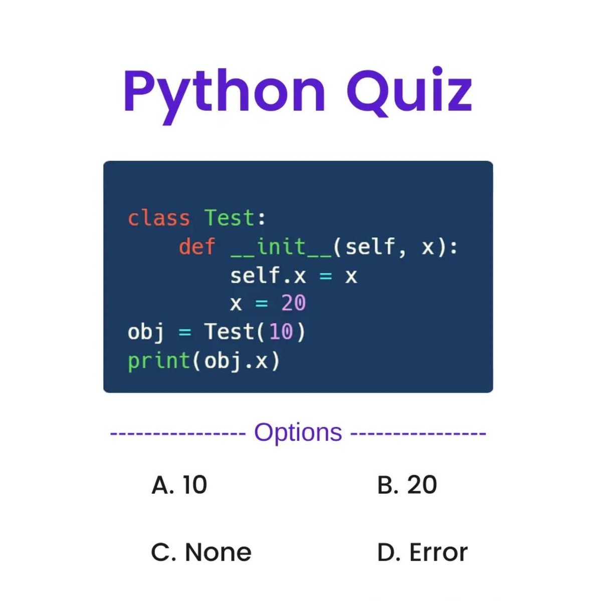 Python_Dv's tweet image. Python Question / Quiz;

What is the output of the following Python code, and why? 🤔🚀 Comment your answers below! 👇

#python #programming #developer #programmer #coding #coder #softwaredeveloper #computerscience #webdev #webdeveloper #webdevelopment #pythonprogramming…