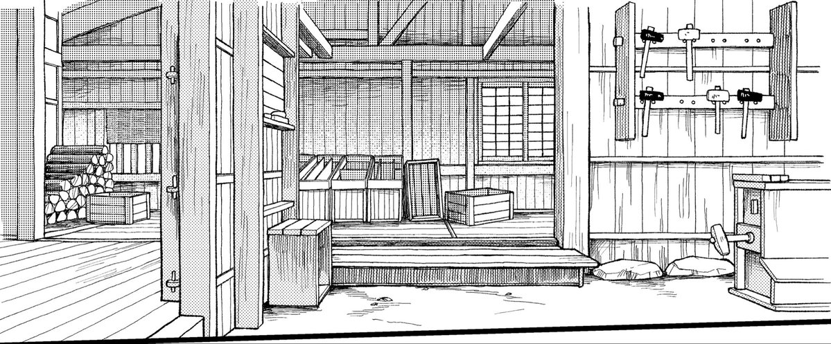 同人誌の背景
ゲーム画面ガン見してあたり描く
↓
パース定規使って詳細に描く
↓
フリーハンドで線画
↓
仕上げ

2時間半ぐらい…時間掛かり過ぎじゃないですか？
どうも、クソ雑魚アシスタントです