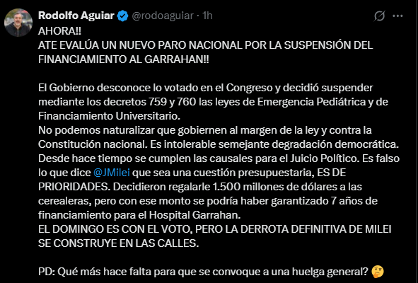 LS Clipping (@lclipping19203) on Twitter photo Posteo de <a href="/rodoaguiar/">Rodolfo Aguiar</a> de <a href="/atenacional/">ATE Nacional</a> tras la suspensión del financiamiento al <a href="/HospGarrahan/">Hospital Garrahan</a> por parte del Gobierno de <a href="/JMilei/">Javier Milei</a> Posteo de <a href="/rodoaguiar/">Rodolfo Aguiar</a> de <a href="/atenacional/">ATE Nacional</a> tras la suspensión del financiamiento al <a href="/HospGarrahan/">Hospital Garrahan</a> por parte del Gobierno de <a href="/JMilei/">Javier Milei</a>