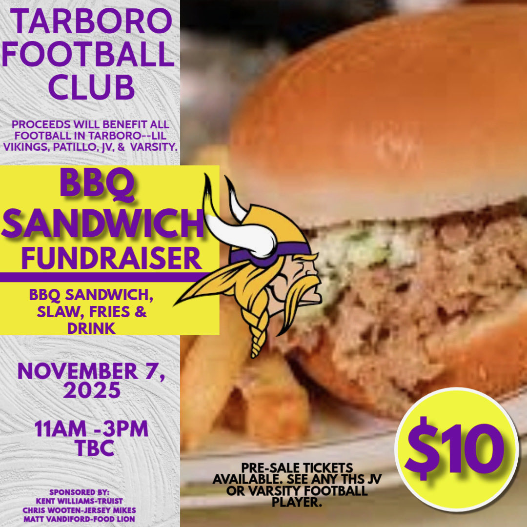 Please purchase a plate to help support Tarboro Football and the TARBORO FOOTBALL CLUB by buying some BbQ Sandwich plates ($10). See any Tarboro High Football Coach or player to purchase a plate for Nov 7th!
Sponsored by Truist Bank, Jersey Mikes &amp; Food Lion of Tarboro!!!