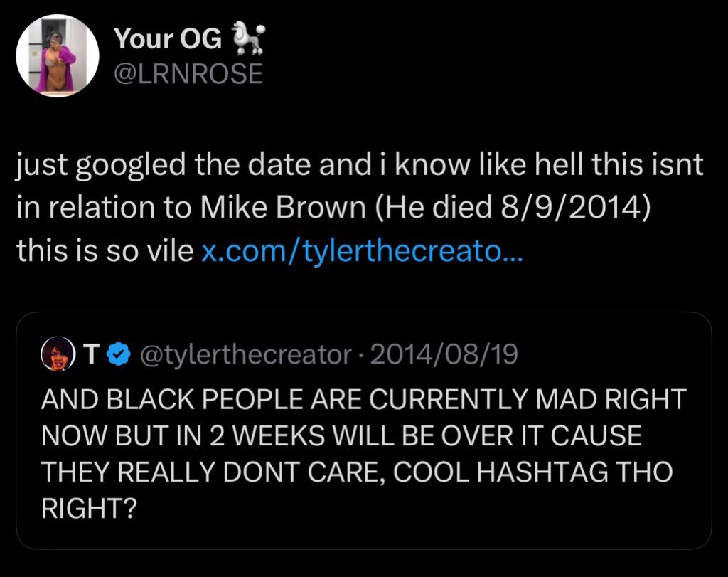 TrinaHive's tweet photo. In light of Tyler the Creator’s heinous tweets about Mike Brown and Trayvon Martin’s murders I feel the need to remind y’all of how truly tragic they were and why “edgy jokes” do not excuse the kind of anti-blackness Tyler spewed(A thread) https://t.co/yaHkAOCMDx