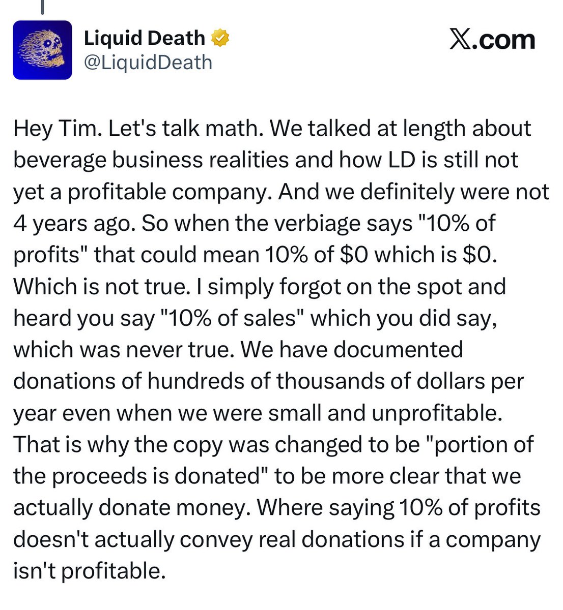 BoringBiz_'s tweet image. Liquid Death claims that they donate 10% of profits on every can of water they sell

Turns out the company has donated $0 so far because they have never turned a profit on the business P&amp;amp;L

This is equivalent to an unemployed person claiming they donate 100% of their salary lmao