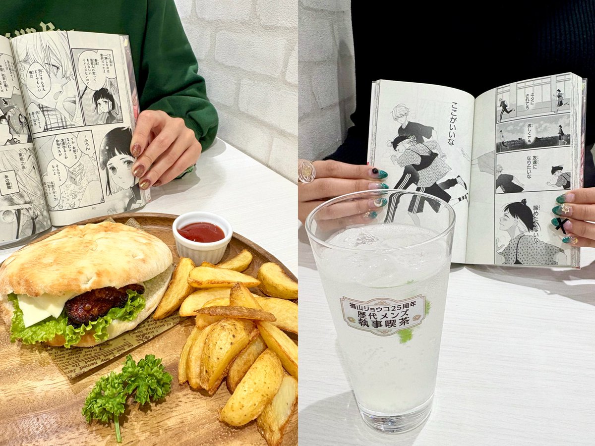 junkuro1209's tweet photo. 人るなメニューで「美味しく食べるな」してきた👟🫧❕1巻の名シーンがぎゅっと詰まったメニュー🫰🏻あまりにもザ・青春すぎる！
人るなメニューを食べながら、お友だちと本誌Day16の話ができる時間とこの空間の尊さ絶対忘れたくない🥲✨️
#人の余命で青春するな
#福山リョウコ25周年歴代メンズ執事喫茶 https://t.co/NBKbWgNx4N