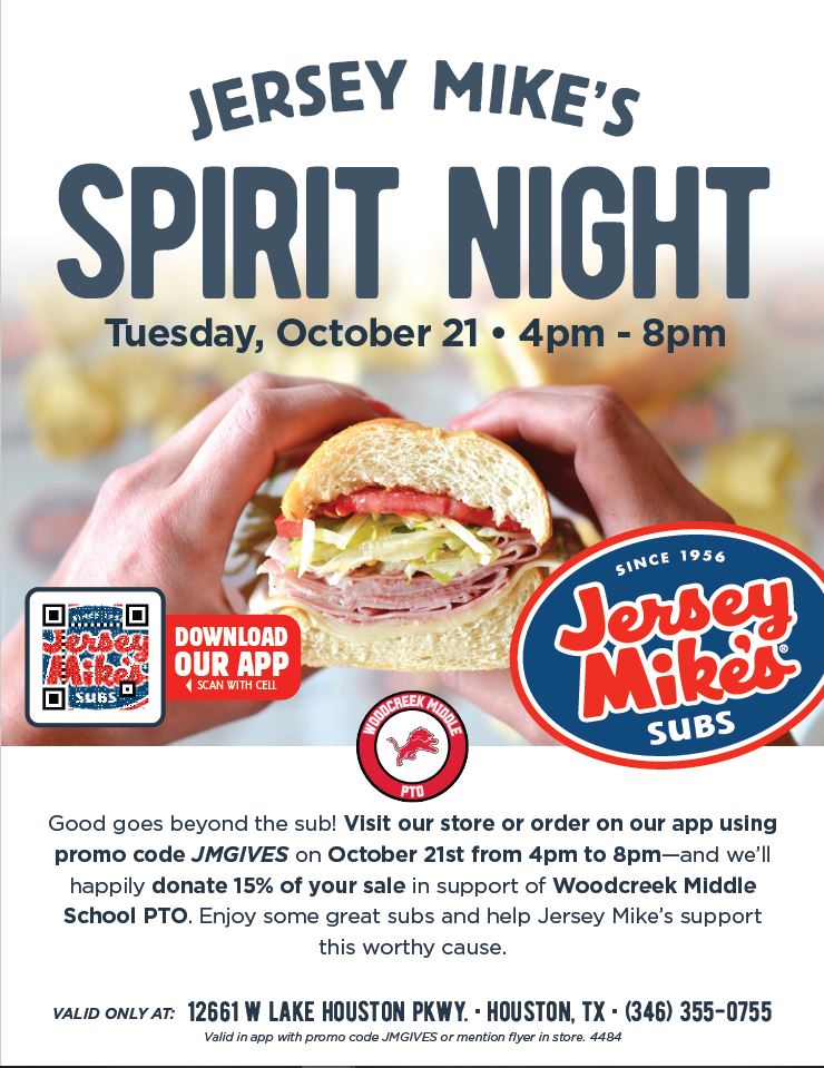 Join us today at Jersey Mike's for a WMS Spirit Night from 4pm-8pm! Use Promo Code JMGIVES when using the app or mention the flier when ordering in store.