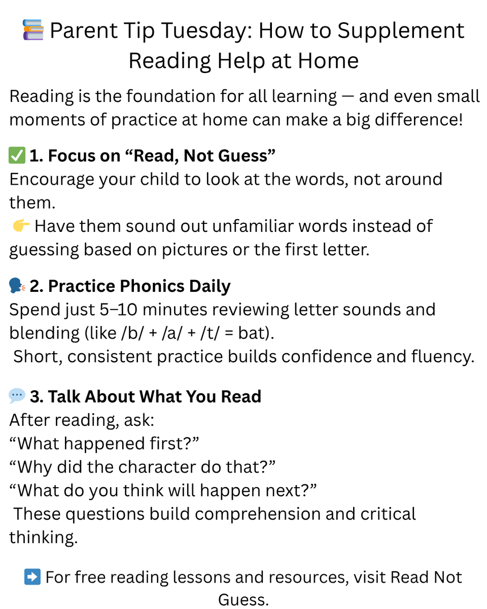 ReadNotGuess's tweet image. How to supplement reading help at home.
#ReadNotGuess #ReadingProgram #Literacy
