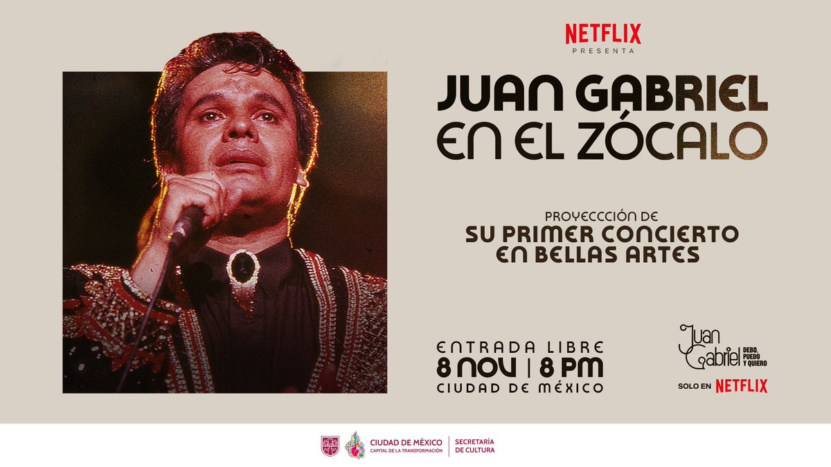 NetflixLAT's tweet image. ¡Es de mi agrado invitarles a una noche muy especial! 🤩

Netflix presenta la proyección en el Zócalo del ✨PRIMER✨ concierto que ofreció Juan Gabriel en Bellas Artes (1990). ❤️ La cita es el sábado 8 de noviembre a las 8:00 pm, en la Ciudad de México.