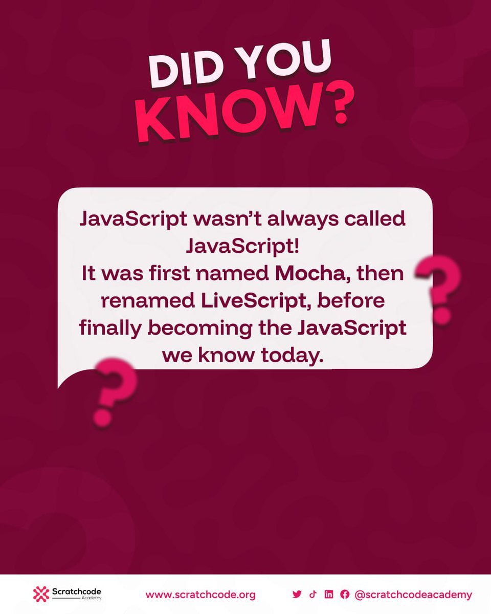 scratchcode_aca's tweet image. Fun fact: JavaScript was once called Mocha, then LiveScript, before it became JavaScript — all in under two weeks! ⚡
That’s coding history in fast-forward. 😎
Join Scratchcode Academy today 🚀 ✨️
#DidYouKnow #JavaScript #TechTrivia #scratchcodeacademy #EveryoneCanCode