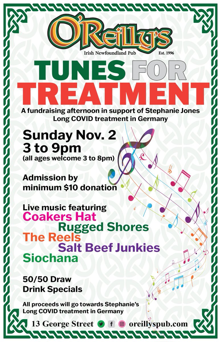 🎶 Tunes for Treatment 🎶
Join us Sunday, November 2 from 3–9 PM at O’Reilly’s Irish Newfoundland Pub for an afternoon of live local music in support of Stephanie Jones.
#OReillysPub #TunesForTreatment #SupportLocal #LiveMusic #DowntownStJohns #GeorgeStreet #LoveDowntownStJohns