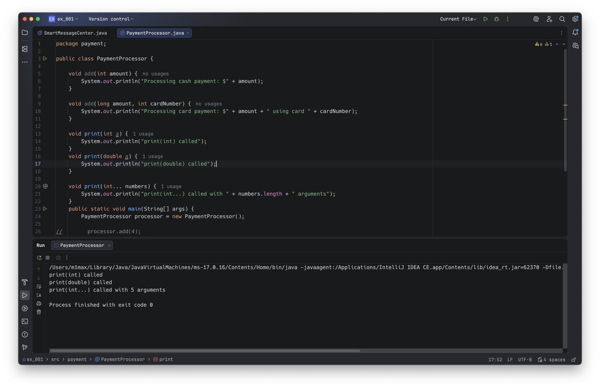 hshahzadaheer's tweet image. Day 3 of #100DaysOfCode
Learned method overloading today by building a SmartMessageCenter.
Instead of separate sendText()/sendMedia() methods, one clean sendMessage() handles everything. The goal is code that's easy to use, not just code that works.
#FullStackDeveloper #Java