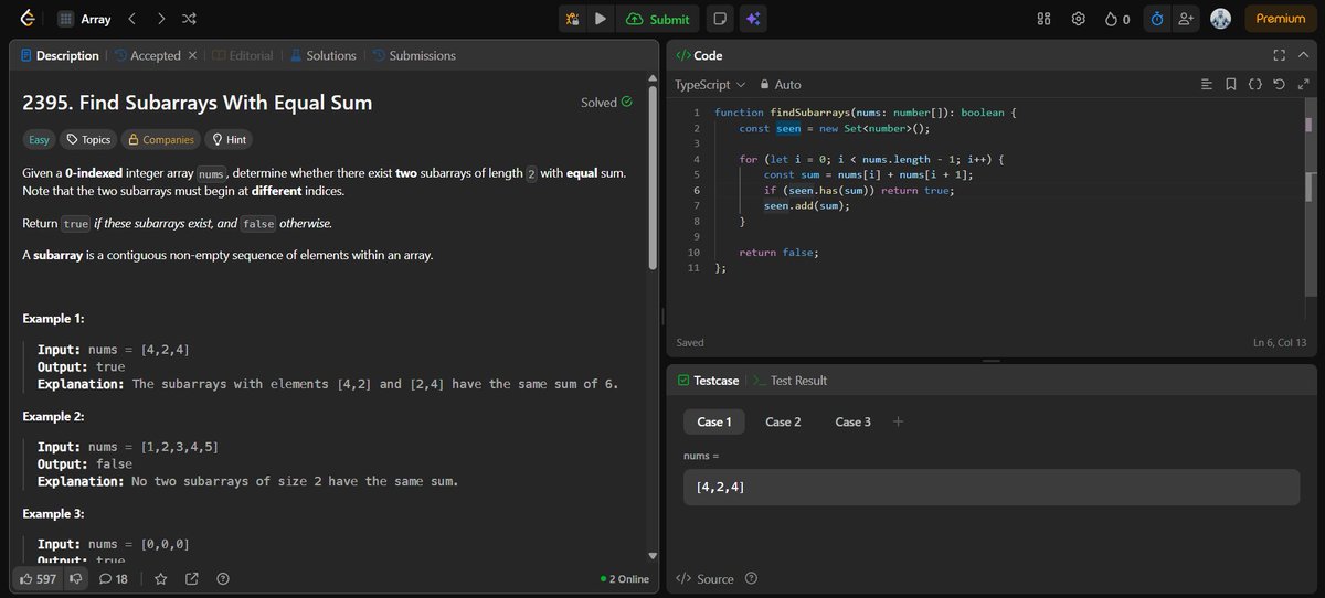 jitesh_mern_dev's tweet image. 🧠 Day 9 of my LeetCode Grind
Today’s problem: Find Subarrays With Equal Sum
Used a simple Set() to track sums, and if a sum repeats, that’s our answer.
#LeetCodeDailyGrind #100DaysOfCode #JavaScript #MERN #ProblemSolving #LeetCode