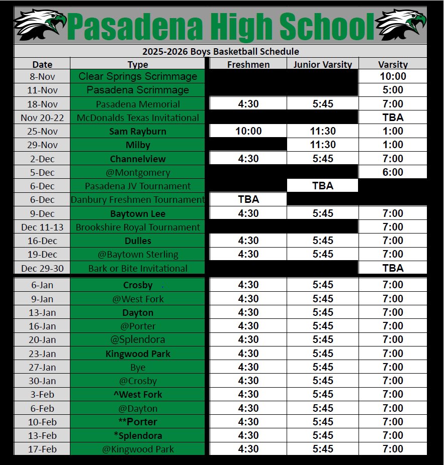 2025-2026 Pasadena High School Boys Basketball Schedule! #CarlosStrong #WhyNotUs 🦅🏀 <a href="/Athletics_PISD/">Pasadena ISD Athletics</a> <a href="/PasadenaISD_TX/">Pasadena ISD</a>