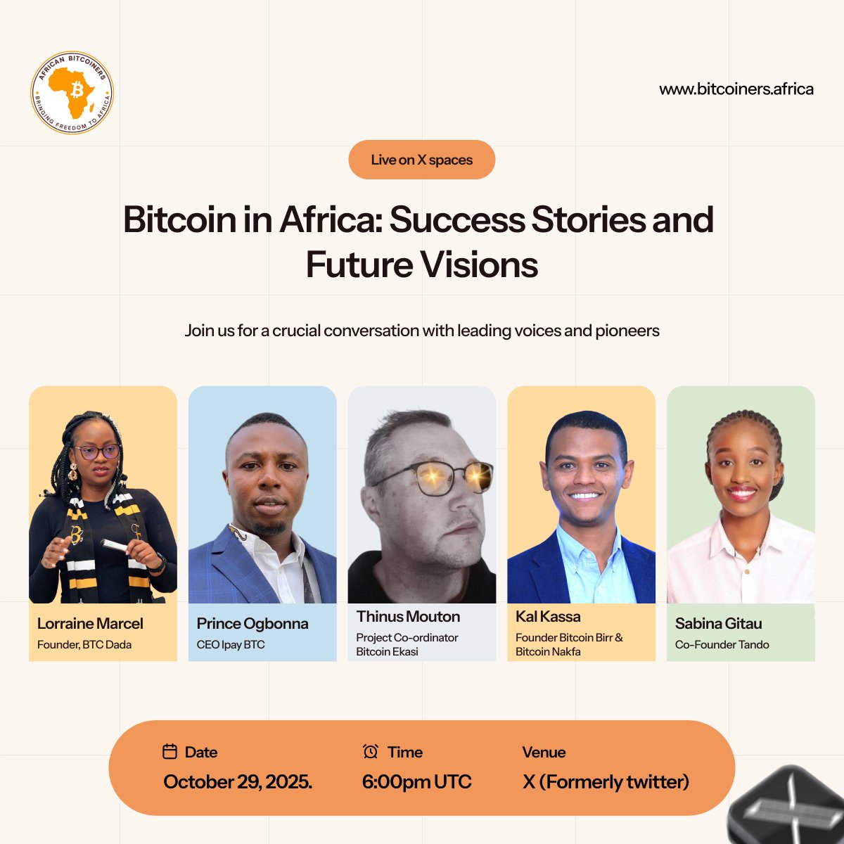 African Bitcoiners ⚡ (@afribitcoiners) on Twitter photo 💥What does the future of Bitcoin in Africa really look like?
Let's find out from the people building it.
🎙Join us for our biggest X Space of the year as we dive deep into "Success Stories and Future Visions."
With our Amazing Speakers:
✅Lorraine Marcel (<a href="/marcelorraine/">Lorraine Marcel</a>) 💥What does the future of Bitcoin in Africa really look like?
Let's find out from the people building it.
🎙Join us for our biggest X Space of the year as we dive deep into "Success Stories and Future Visions."
With our Amazing Speakers:
✅Lorraine Marcel (<a href="/marcelorraine/">Lorraine Marcel</a>)
