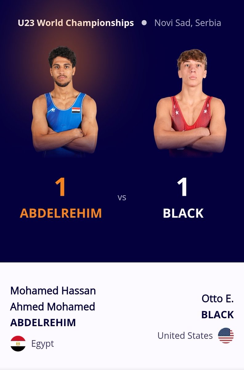 TeamsEgypt's tweet image. بطولة العالم للمصارعة تحت 23 عامًا - نوفي ساد، صربيا :
تأهل محمد حسن للدور نصف النهائي وزن -67 كلغ مصارعة رومانية بالفوز على الأمريكي أوتو بلاك بترجيح التعادل 1-1.
#TeamEgypt
#Wrestling
#WrestleNoviSad