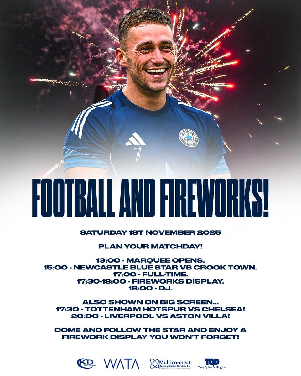𝗙𝗜𝗥𝗘𝗪𝗢𝗥𝗞𝗦 𝗗𝗜𝗦𝗣𝗟𝗔𝗬 𝗧𝗜𝗖𝗞𝗘𝗧𝗦 𝗦𝗘𝗟𝗟𝗜𝗡𝗚 𝗙𝗔𝗦𝗧! 🔥

Don't miss out, get yours now! 1st Nov @ the KD Stadium. 📅🎇

The perfect line up:
⚽️ NBSFC vs Crook Town
🎆 Fireworks at full time
🎛️ DJ performance
📺 Spurs vs Chelsea
📺 Liverpool vs Villa

🎟️ One