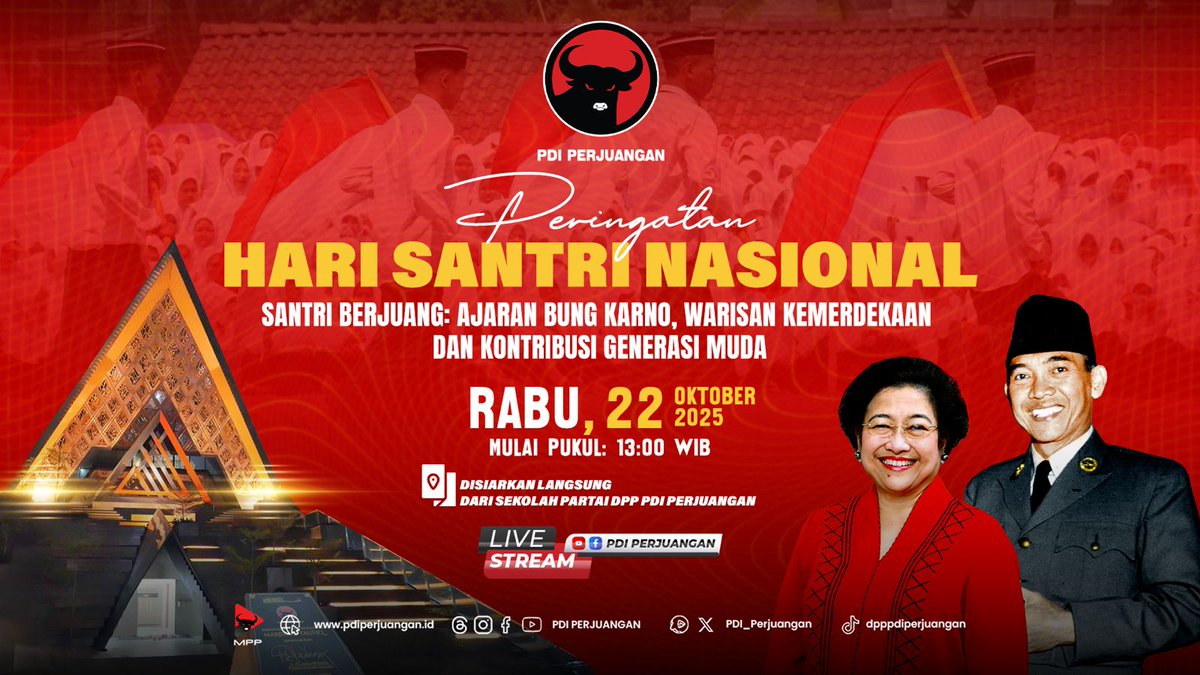 PDI_Perjuangan's tweet photo. DPP PDI Perjuangan menggelar Peringatan Hari Santri Nasional 2025, dengan tema Santri Berjuang: Ajaran Bung Karno, Warisan Kemerdekaan dan Kontribusi Generasi Muda.

Kegiatan ini disiarkan langsung dari Sekolah Partai DPP PDI Perjuangan pada hari Rabu, 22 Oktober 2025, Pkl. 13.00 WIB. 

Saksikan live streamingnya di akun Youtube dan Facebook PDI Perjuangan.

#HariSantriNasional
#PDIPerjuangan
#MenangkanRakyat
#SatyamEvaJayate
#KebenaranPastiMenang
#SolidBergerak